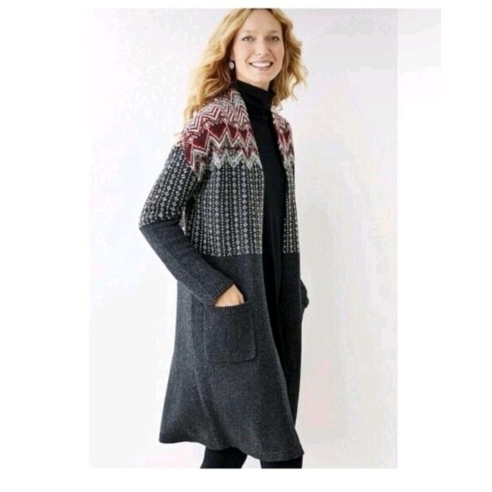 J Jill Women's Fair Aisle Wool Blend Duster Sweater Sz M
